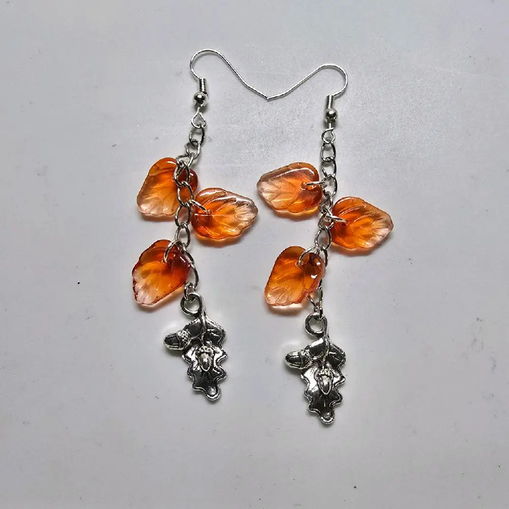 Fall Leaf Earrings with Acorn Detail - Autumn Inspired Design with Orange Leaves and Silver Accents