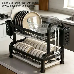 Large Capacity 2 Tier Dish Drying Rack with Drain Tray, Kitchen Counter Organizer for Plates, Bowls, Cups and Utensils multi-function
