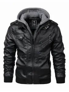 Men's Hooded Leather Jacket with Metal Buckle Decorations, Multi-Pocket Design for Casual & Streetwear Styles, Daily Wear Essential