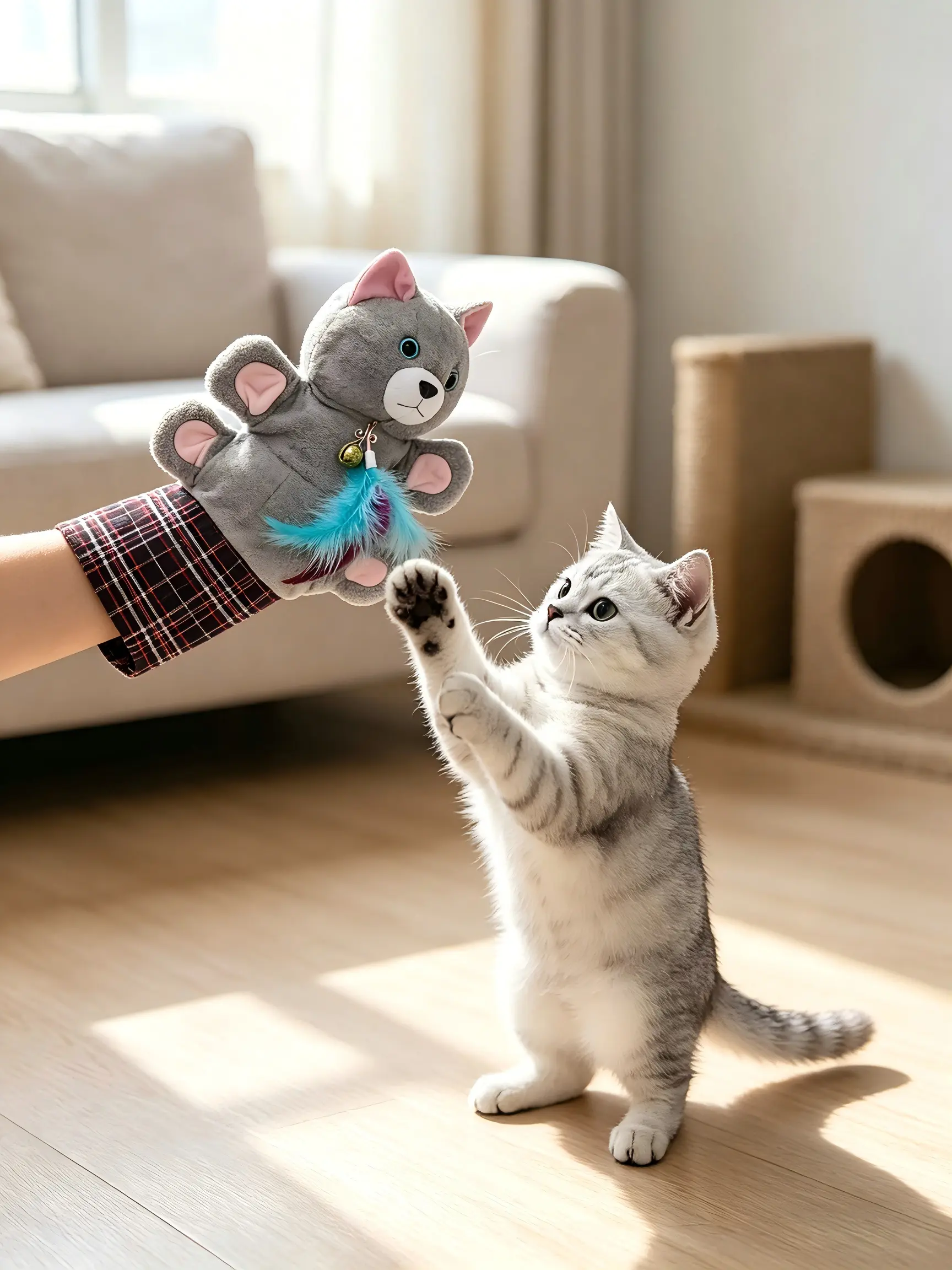 Cat-shaped wrestling toy, 20-inch cat doll with catnip bag, bells, and feathers, reinforced protective gloves. Suitable for hitting and kicking. Ideal for use as an interactive toy for cats of all ages, providing fun, training, play, and enrichment.