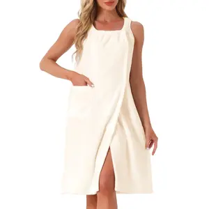 INSPIRE CHIC Women's Shower Wrap Wearable Button Bath Towel Robe Strap Sleeveless Dress with Snaps Pockets Spa X-Small Beige