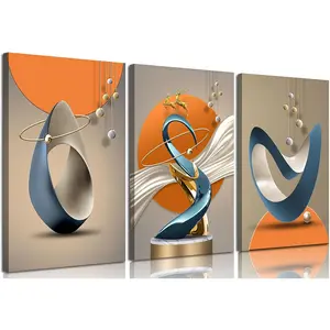 3 Pcs Modern Abstract Canvas Wall art Golden Deer Luxury Foil Lines Paintings Pictures Wall Decoration White Blue orange color Grey posters Prints for Living Room Bedroom Office Home Decoration