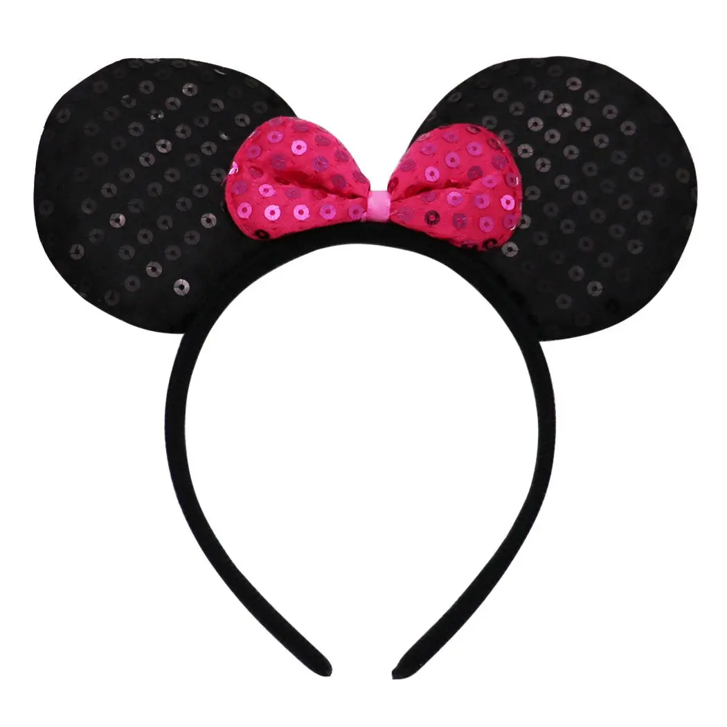 Rosemarie Collections Sequined Cartoon Theme Mouse Ears Headband - 4.25" W, 3.5" H, Flexible Plastic, Secure Hold, Comfort Fit, Statement Fashion Hair Accessory for Dress Up, Theme Park, Halloween (Hot Pink), Bow, Great For Theme Parks