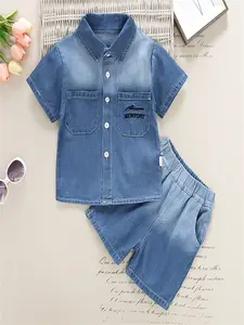 Boys' Summer New Collared Gradient Denim Short Sleeve Top and Shorts Set Fashionable Casual Toddler Outfit