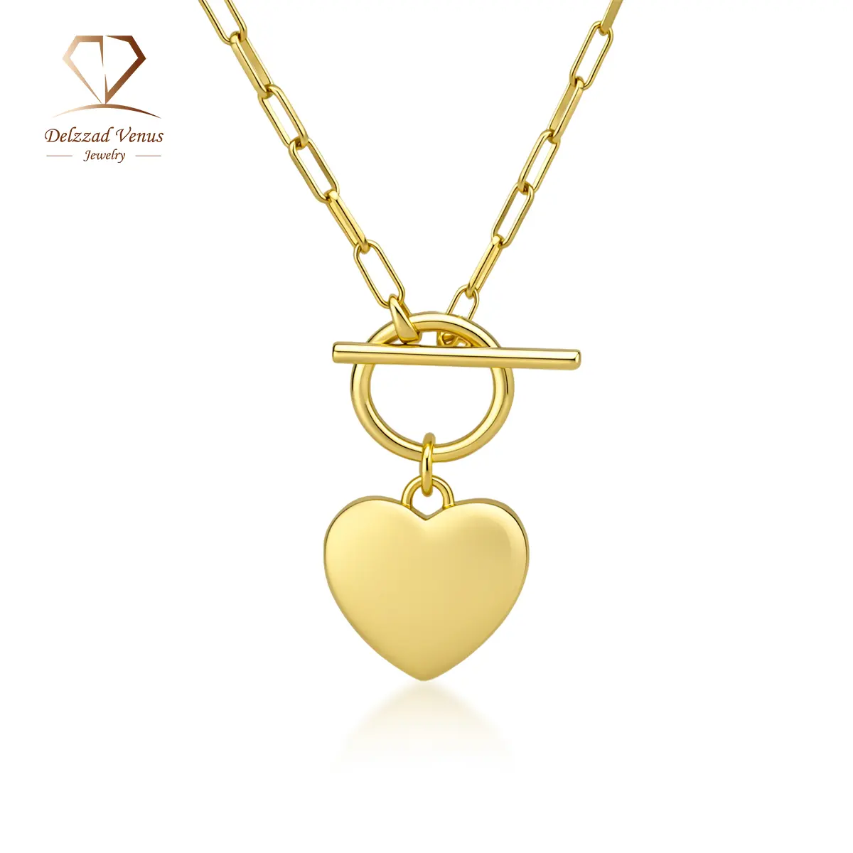 DELZZAD Unisex Copper Metal Paperclip Link Toggle Necklace, 45cm Chain with Heart Charm, Artificial Gemstone Jewelry, Perfect Birthday Anniversary Gift