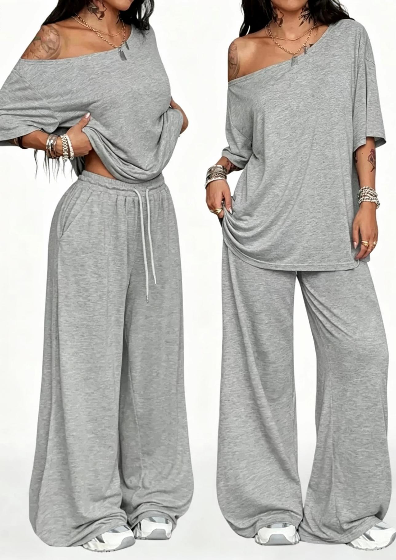 2pcs/Set Women's Minimalist Basic Daily Wear Everyday Going Out Sport Comfortable Off Shoulder T-Shirt And Wide Leg Pants Two Pieces Outfits