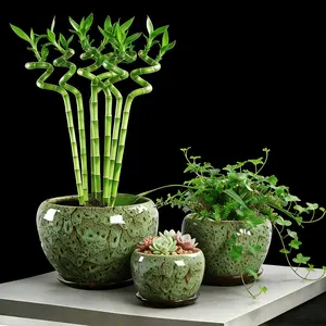 3-pcs Light-Gloss Green Peacock Glaze Ceramic Light-Glazed Planter Set | Luminous Emerald Home Decor Pots indoor outdoor planter