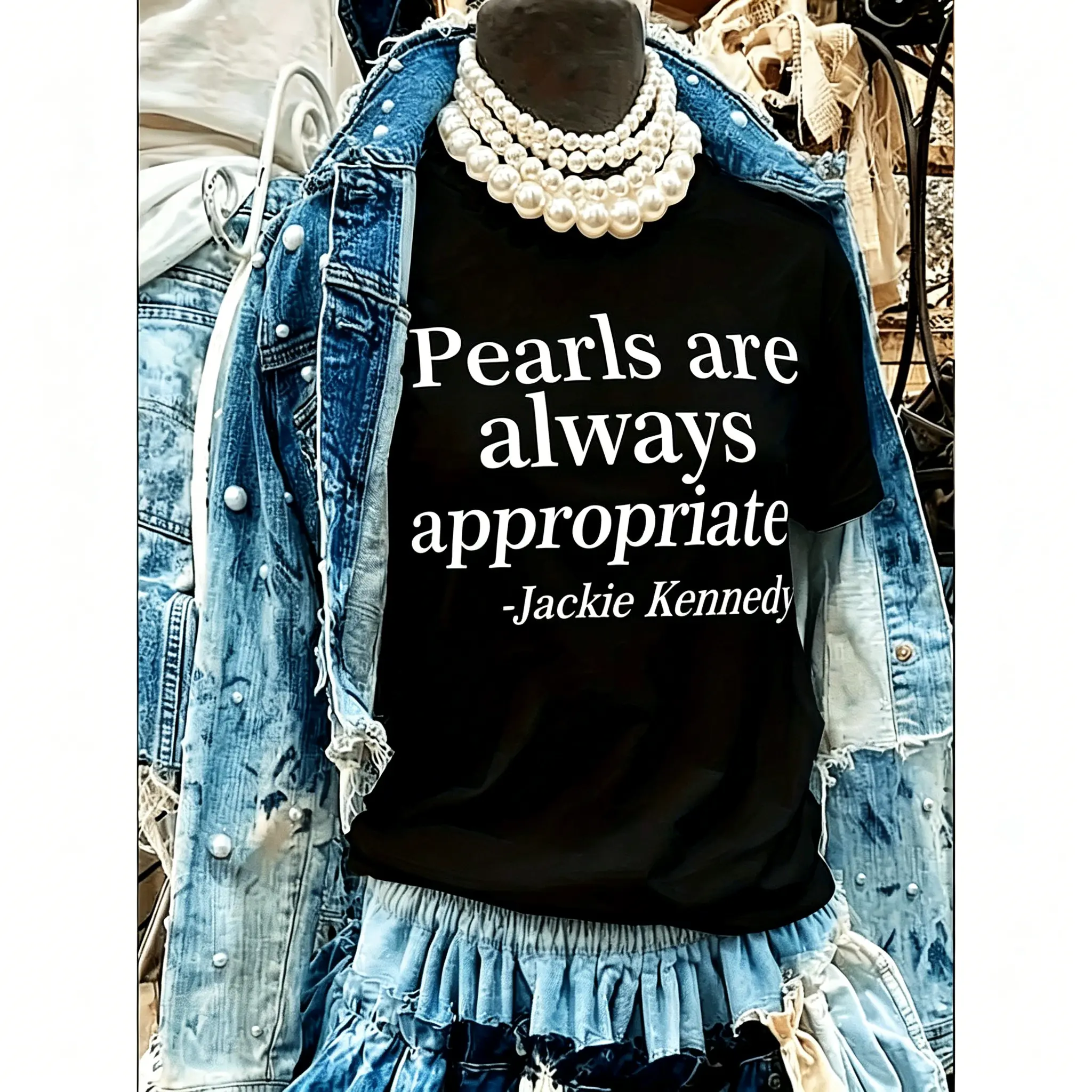 Elegant White Women'S T-shirt - "Pearls Are Always Right" - Jackie Kennedy'S Famous Saying, Inspiring Letter Print T-shirt, Spring And Summer Top, Suitable For Outdoor, Pearl Pattern T-shirt Is Very Appropriate, Men'S And Women'S