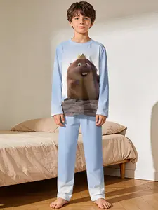 King Beaver Hoppers 2-Piece Boys' Digital Printed Long-Sleeve Sleepwear Pajamas with Extended-Length Sleep Pants, Flame-Retardant Fabric, Stylish, Trendy, Casual, Comfortable and Soft Pajama Set