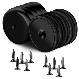 10-Pack Neodymium Round Base Cup Magnets, 30LBS with Countersunk Hole and Stainless Screws for Refrigerator, Craft, Home, Office - 1.26'' x 0.2'' (Black)