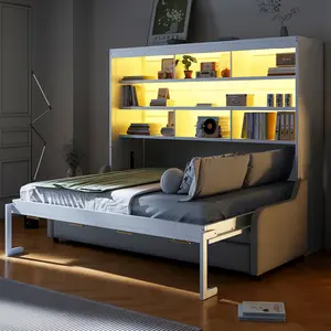 Full Size Murphy Cabinet Bed with Folding Sofa,Built-in Storage Shelves and LED Light,Beige