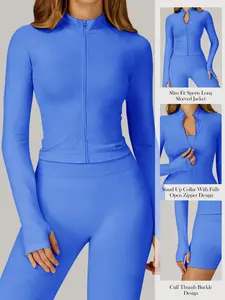 Women's sports jacket with full zip and thumbholes, the perfect choice for running and yoga. Stylish activewear, yoga top for workouts, running and cycling. Lightweight, figure-flattering long-sleeved cardigan-style fitted fitness wear, Gym Jacket