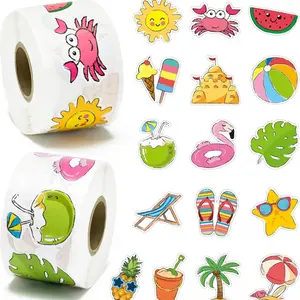 500-piece roll of beach-themed decorative stickers, adhesive coconut and pineapple stickers