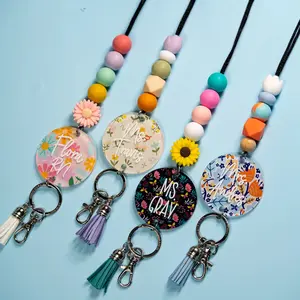 Personalized Spring Floral Teacher Lanyards with Acrylic Name Tag & Break-Away Clasp - Beaded Lanyard