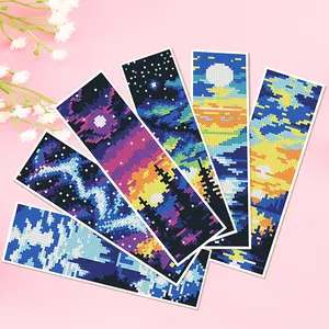 Nightfall Sunset Starry Sky Bookmark, Handmade Thread Embroidery Practical Gift, 6 Patterns Cross Stitch Craft Kit, DIY with Friends