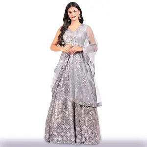 Georgette Lehenga with Copper, Silver & Gold Sequins