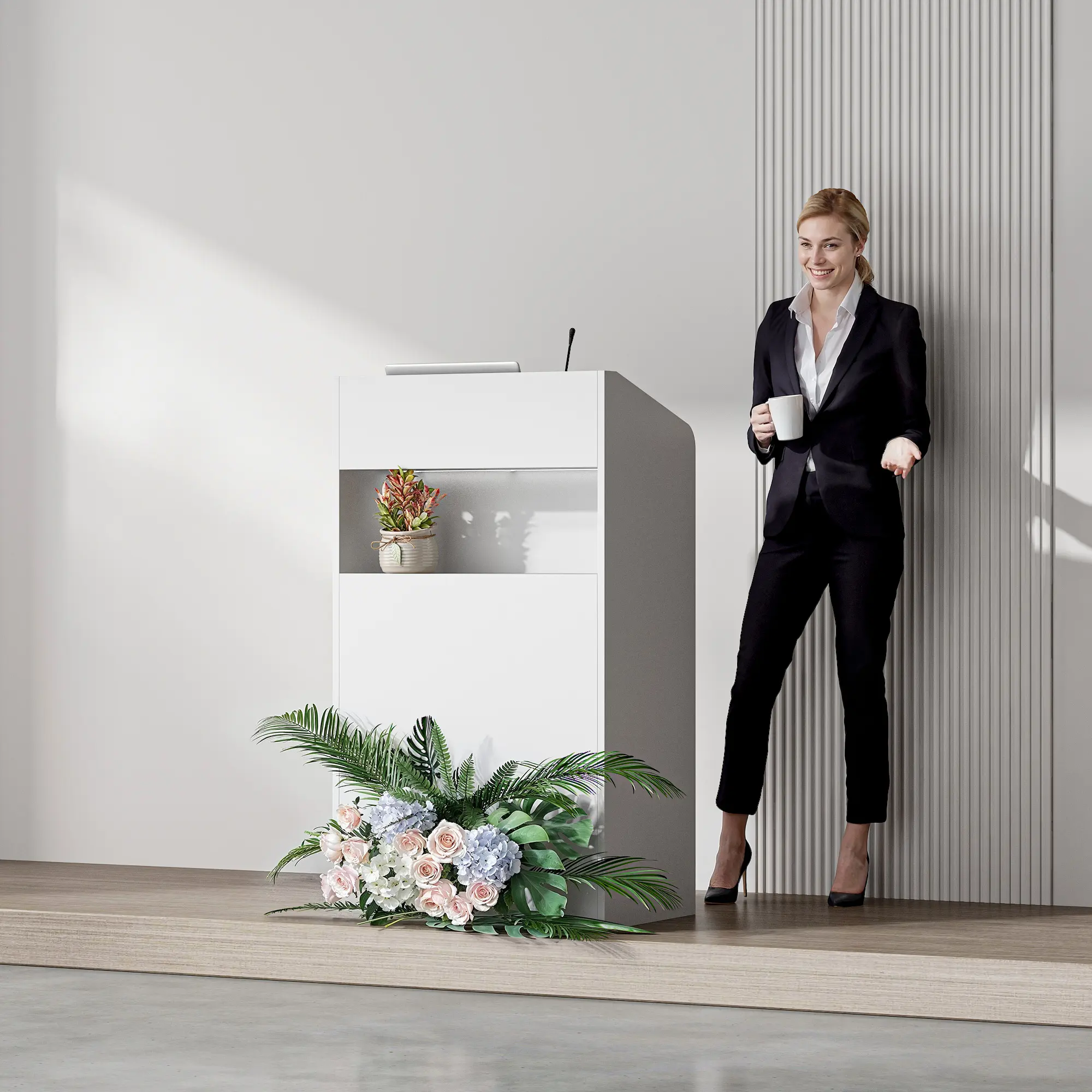 FUFU&GAGA Modern White Lectern Podium with LED Light, Standing Presentation Desk with Storage Shelf for Office and Classroom