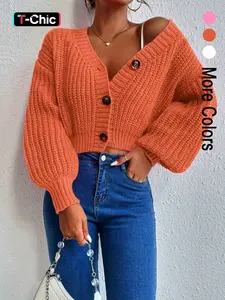 Women's Plain Lantern Sleeve Button Front Crop Cardigan, Casual V Neck Drop Shoulder Long Sleeve Knitwear for Spring & Fall, Fashion Chic Women's Knit Clothing for Daily Wear Womenswear Knitting