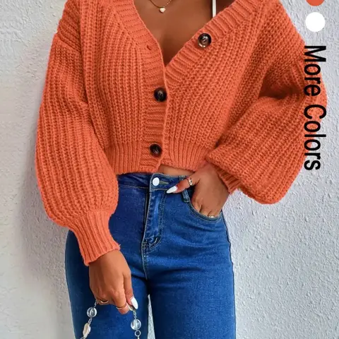 Women's Basic Plain Lantern Sleeve Button Front Crop Loose Cardigan Fit, Casual V Neck Knitted Drop Shoulder Long Sleeve Knitwear for Spring & Fall, Fashion Chic Women's Knit Clothing for Daily Wear Womenswear Knitting Button Cardigans
