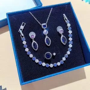 Large-carat Blue Silver Zircon Drop Four-piece Set including Necklace, Bracelet, Earrings and Ring, Versatile for All Occasions