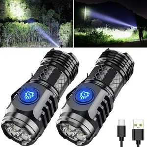 USB Rechargeable LED Mini Flash Super Power Flashlight with 5-Mode Adjustable Brightness for Outdoor Adventures(Black-2 Pack)