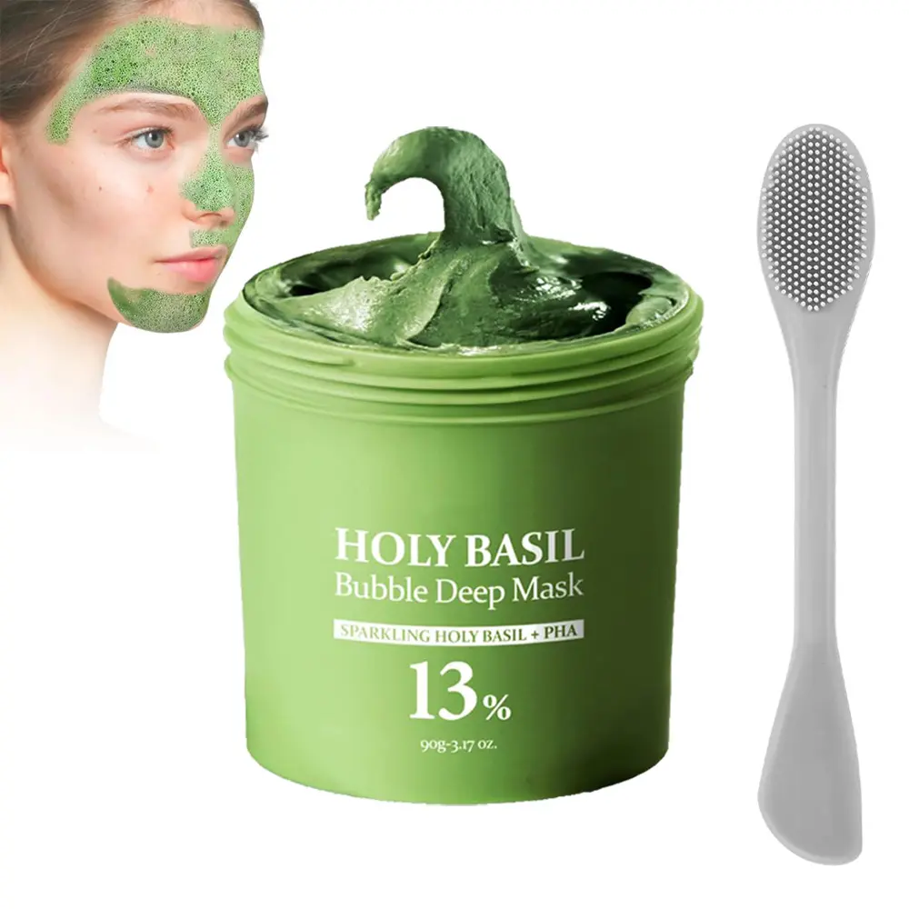 Holy Basil Bubble Deep Mask - Holy Basil & PHA for Cleansing Pores & Blackheads Korean Clay Bubble Wash Off Pack 90g Daily Face Mask Peel Off