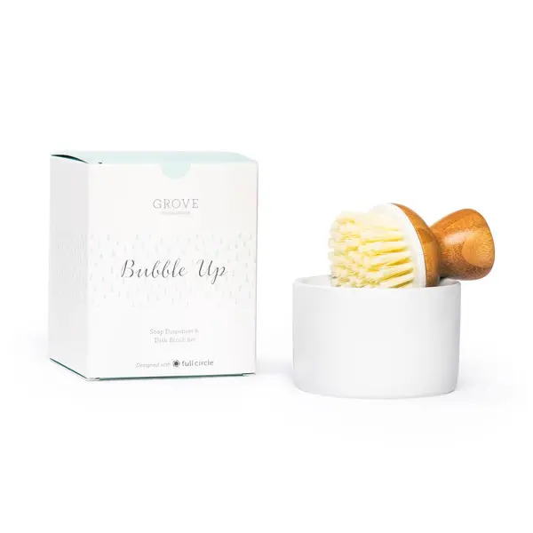 Grove Co. Bubble Up Dish Soap Dispenser & Brush Set - Ergonomic Design, Spring-Loaded Base, Refillable, Durable Ceramic Holder, Compact Kitchen Cleaner