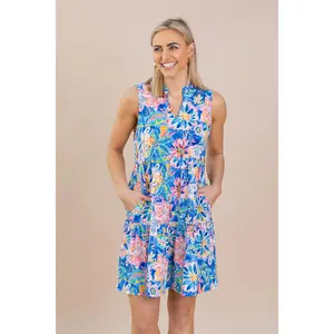 Blue Floral Abstract Tiered Wrinkle Free Dress