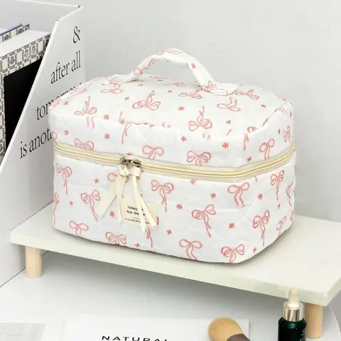 Bow & Flower Pattern Quilted Makeup Bag, /set Cute Portable Cosmetic Storage Bag, Travel Essential Makeup Bag, Daily Toiletries Storage Makeup Bag, Travel Cosmetic Bags, Makeup Pouch, Beauty Bag