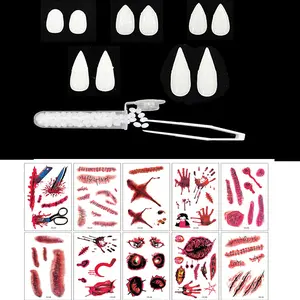 5 Pairs Of Set/10pcs Fang Canine Tooth Resin + 10 Sheet Scar Stickers False Teeth Vampires Zombies Costume Cosplay Props Halloween Accessories