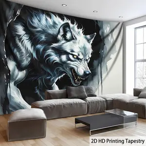 1pc Ultra Large Fierce Wolf Landscape Tapestry - HD Digital Print Polyester Wall Hanging with 3D Effect, Realistic Animal Art for Living Room Bedroom Home Office Decor, Wrinkle-Resistant Indoor Wall Art with Hanging Clips, Wolf Wall Decor, Dramatic Interi