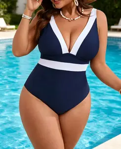 Must-have for curvy plus-size girls |Women's plus-size navy blue and white color-blocked one-piece swimsuit, deep V-neck tummy-control slimming fit, ideal for beach vacations and pool parties