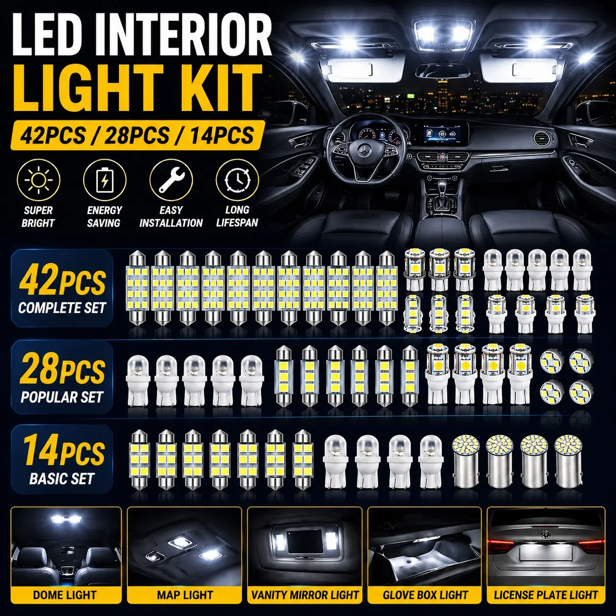 Car LED Lights Set, 42/28/14 Pieces, 31mm 36mm 41mm Bulbs, Interior Reading Light Kit, Aluminum Enclosure, LED Type, Car Interior Lighting