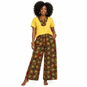 African-Inspired 2-Piece Outfit Set, Stylish Top & Wide-Leg Print Pants, Comfortable Elegant Apparel for Casual Outings, Vacations, Multiple Sizes Available