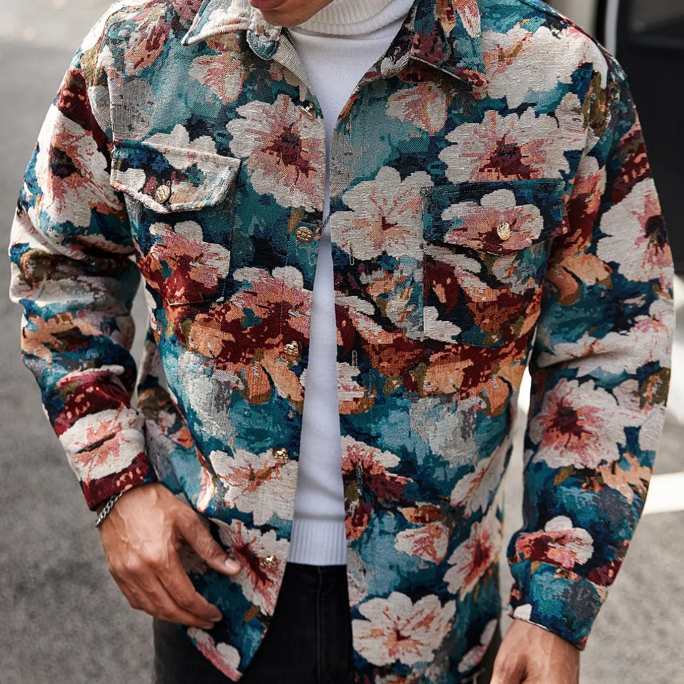 Artisan Floral Print Overshirt – Versatile Streetwear-Inspired Casual Outerwear basics figure flattering date night aesthetic oversized contemporary breezy brunch outfit weekend wear polished