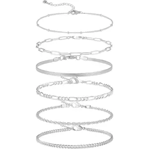 6 PCS Gold Ankle Bracelets for Women, 14k Plated Gold Layered Anklet Set Waterproof Herringbone Paperclip Beaded Figaro Cuban Link Chain Beach Stackable Anklet Bracelet Jewelry Gift for Women