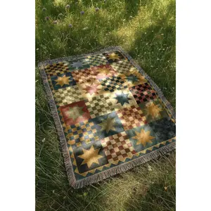 Farmhouse Checkered Blanket | Rustic Country Folk Tapestry Throw Blanket | Boho Vintage Home Decor Woven Blanket