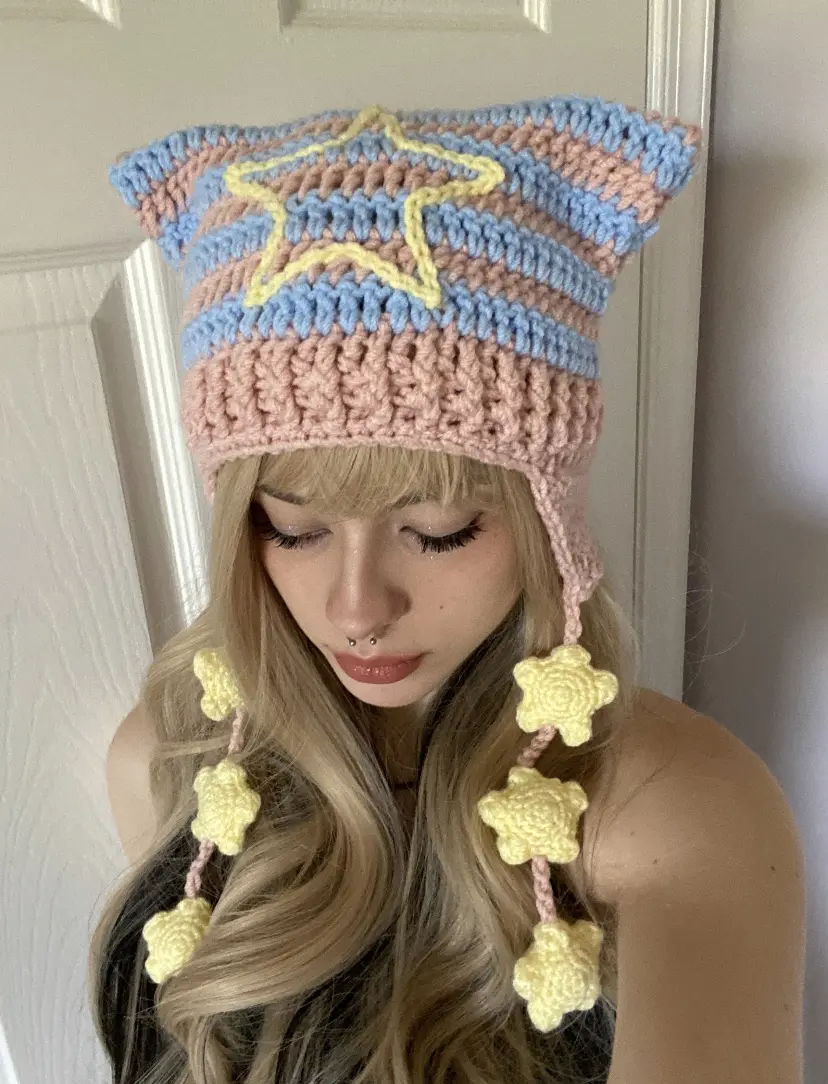 pride collection cat ear flap hat with stars crochet handmade knitted beanie lgbtq+ flags inspired