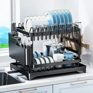 Dish Drying Rack, 2 Tier Large Dish Drying Rack for Kitchen Counter with Drainboard Stainless Steel Dish Drainer for Dish/Knifes/Cup/Cutting Board, Black