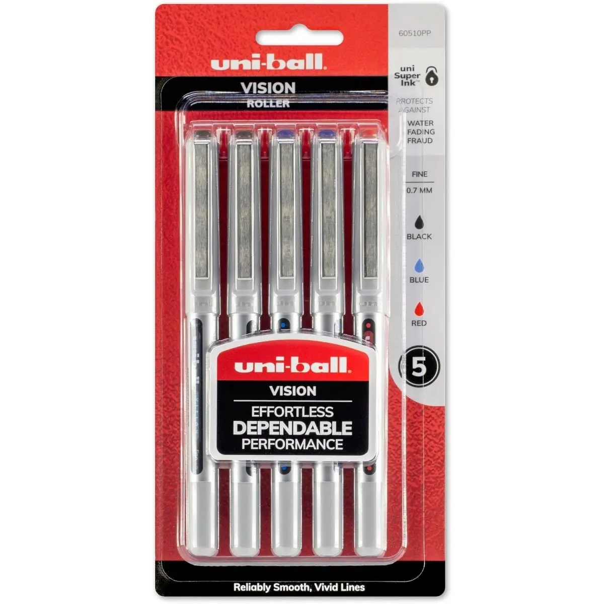 Uni-Ball Vision Capless Rollerball Pens (UBC60510PP) - 0.7mm Pens, Uni-Flow Free Flowing Ink, Visible Ink Supply, Fade Proof, Waterproof, Fraud Protection, Sturdy Build, No Assembly Required, Pack of 5