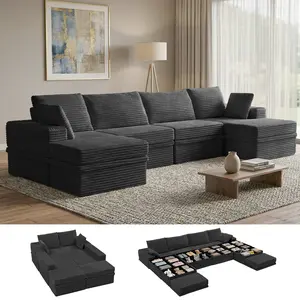 【3 Packages Shipping】NABUMI 142" Modular Sectional Sofa with Storage, Oversized U-Shaped Cloud Couch with Ottoman, 27" Deep Seat Memory Foam Corduroy 6-Seater Couches, Ergonomic Memory Foam, Free Combination, Tool-Free Assembly, Black BeigeDark Gray Green