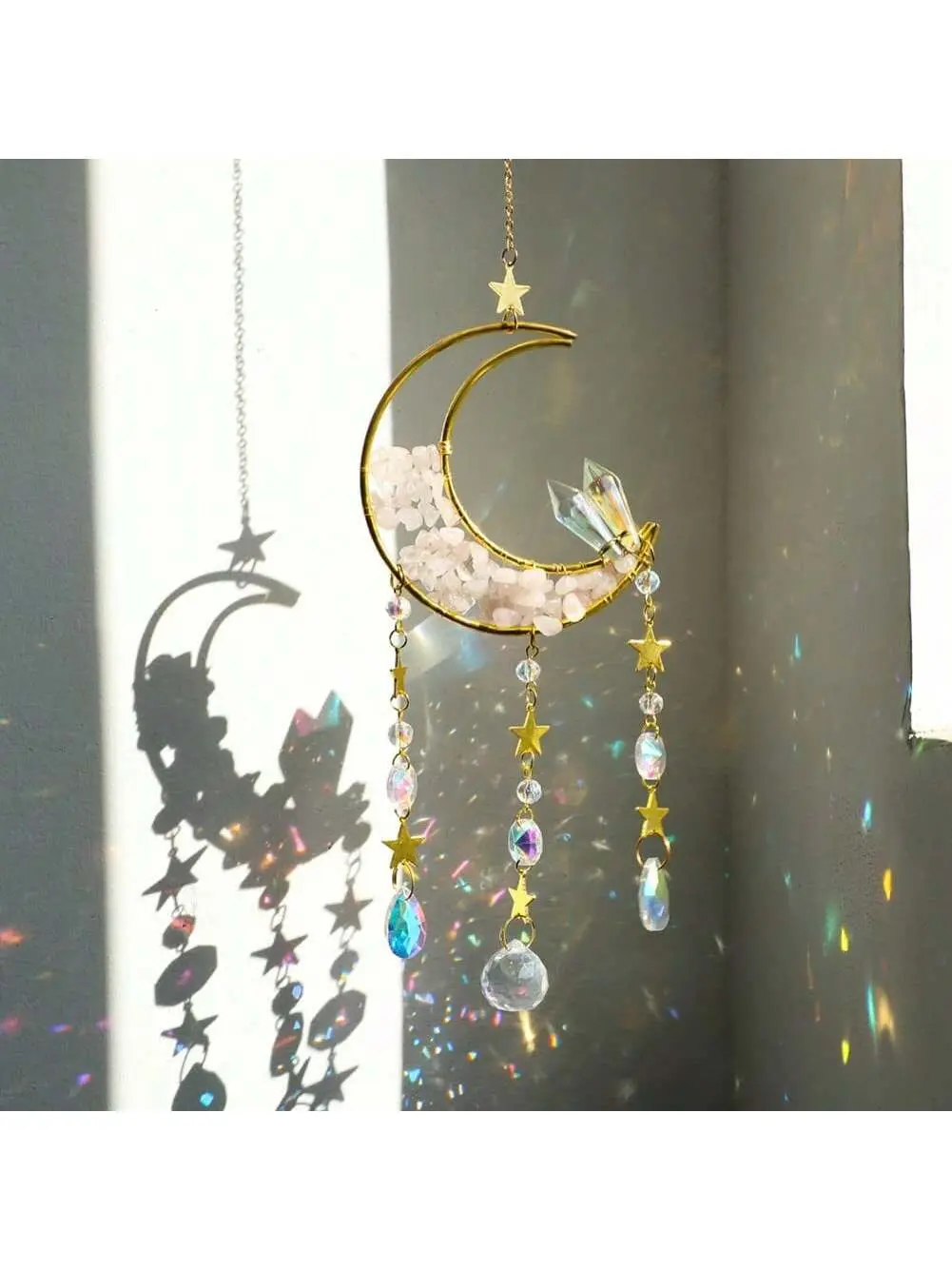 Crystal Moon Suncatcher with Metal Frame - Whimsical Moon-Shaped Hanging Windchime Ornament, House Decor Interior Window Accessory, Halloween Gift, Moon-Shaped Hanging Decor