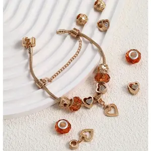 Elegant Adjustable Charm Bracelet for Women Gold Tone with Orange Crystal Accents Heart Pendant Fashion Jewelry Perfect for Mother's Day and Valentine's Gift