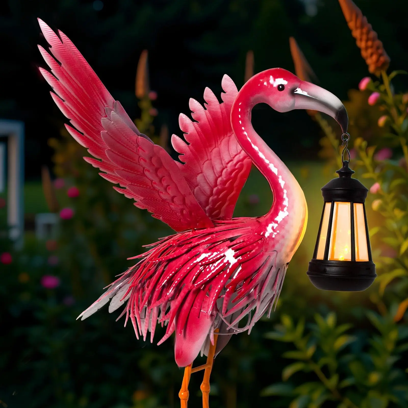 Art Deco Solar Flamingo Statue with Lantern - Metal Animal Sculpture, Solar Garden Light, Removable PV Panel, Floor-Mounted Outdoor Lawn Ornament, Christmas Decorations, Housewarming Gift