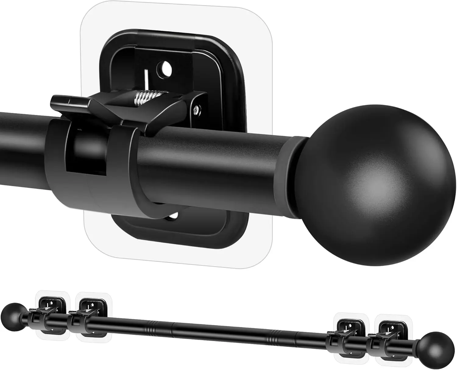 Adjustable Curtain Rods - 30-45 In 5/8 In Diameter Heavy Duty Drape Poles with No-Drill Adhesive Holders, Modern Renter-Friendly Black Brackets for Bathrooms, Living Rooms (Dual Installation Options)