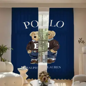 2pcs Creative Blue Polo Bear Print Curtains, Easy Install Curtain, Blackout Blinds, Polyester Fiber, Kitchen Bedroom Office Living Room Decor, Door Curtain (no Rod)