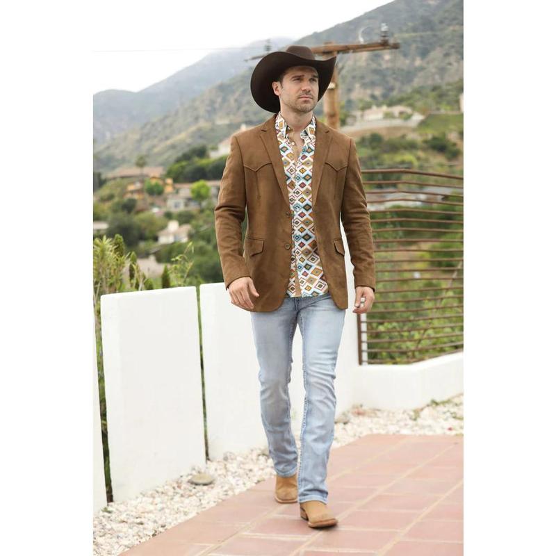 Platini Men's Double Button Faux Suede Blazer- Brown