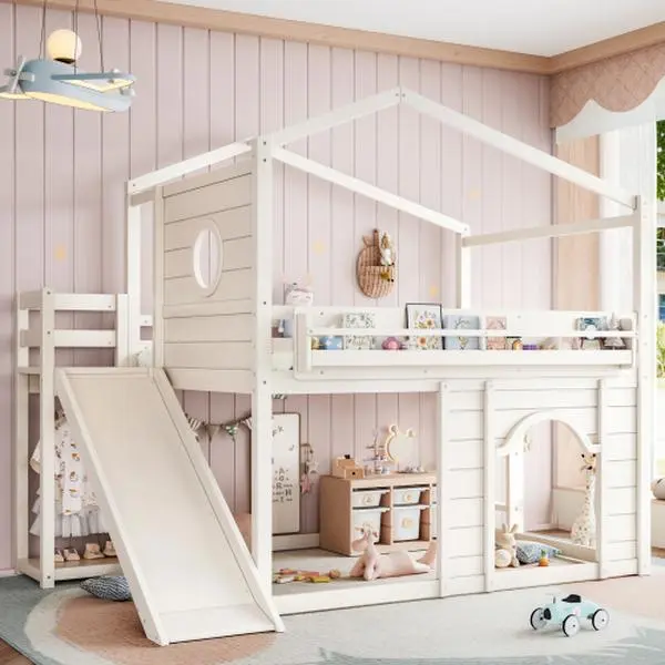 Bellemave Twin Size House Theme Pine Wood Loft Bed Frame - with Slide, Bookshelves, Built-in Wardrobe, Built-in Closet, Round Window, Arched Door, Requires Setup