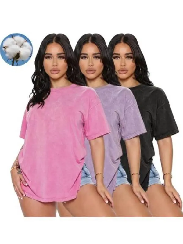 Women’s 3-pack pure cotton T-shirts, washed with a distressed finish, solid colors, crew neck, loose fit, breathable casual tops, suitable for outdoor sports and home wear.