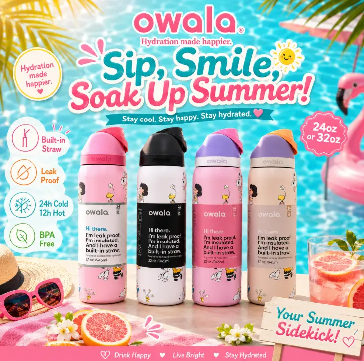 Must Have ! Owala FreeSip 32oz Insulated Water Bottle – Pink Leakproof Stainless Steel Tumbler with Built-In Straw, Reusable Bottle for Fitness, School & Travel